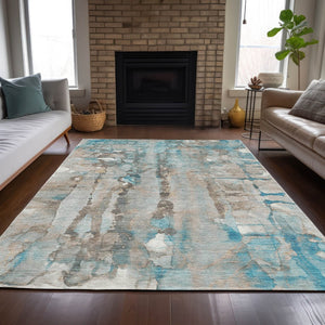 HomeRoots 5' X 8' Teal Blue and Ivory Abstract Rug - Durable, Washable, Stylish Indoor/Outdoor Floor Covering 632144