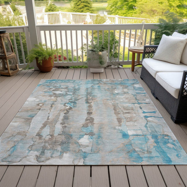 HomeRoots 5' X 8' Teal Blue and Ivory Abstract Rug - Durable, Washable, Stylish Indoor/Outdoor Floor Covering 632144