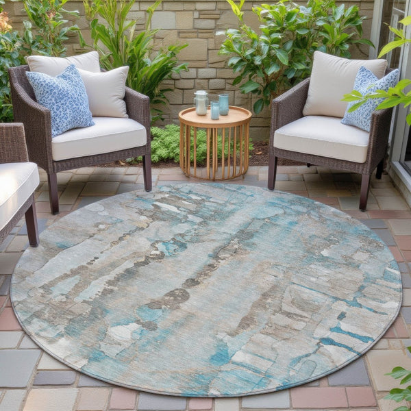 HomeRoots 8' Teal Blue and Ivory Round Abstract Rug - Washable, Modern Design for Indoor/Outdoor Use 632145