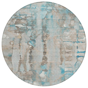 HomeRoots 8' Teal Blue and Ivory Round Abstract Rug - Washable, Modern Design for Indoor/Outdoor Use 632145