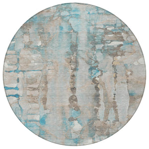 HomeRoots 8' Teal Blue and Ivory Round Abstract Rug - Washable, Modern Design for Indoor/Outdoor Use 632145