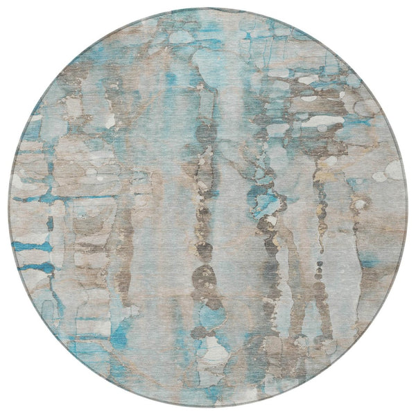 HomeRoots 8' Teal Blue and Ivory Round Abstract Rug - Washable, Modern Design for Indoor/Outdoor Use 632145