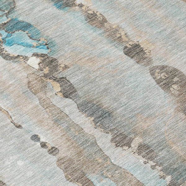 HomeRoots 8' Teal Blue and Ivory Round Abstract Rug - Washable, Modern Design for Indoor/Outdoor Use 632145