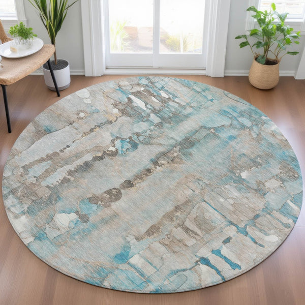 HomeRoots 8' Teal Blue and Ivory Round Abstract Rug - Washable, Modern Design for Indoor/Outdoor Use 632145