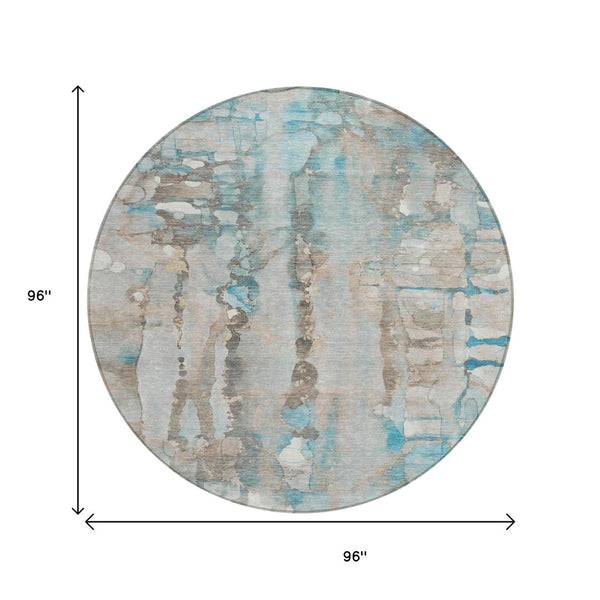 HomeRoots 8' Teal Blue and Ivory Round Abstract Rug - Washable, Modern Design for Indoor/Outdoor Use 632145