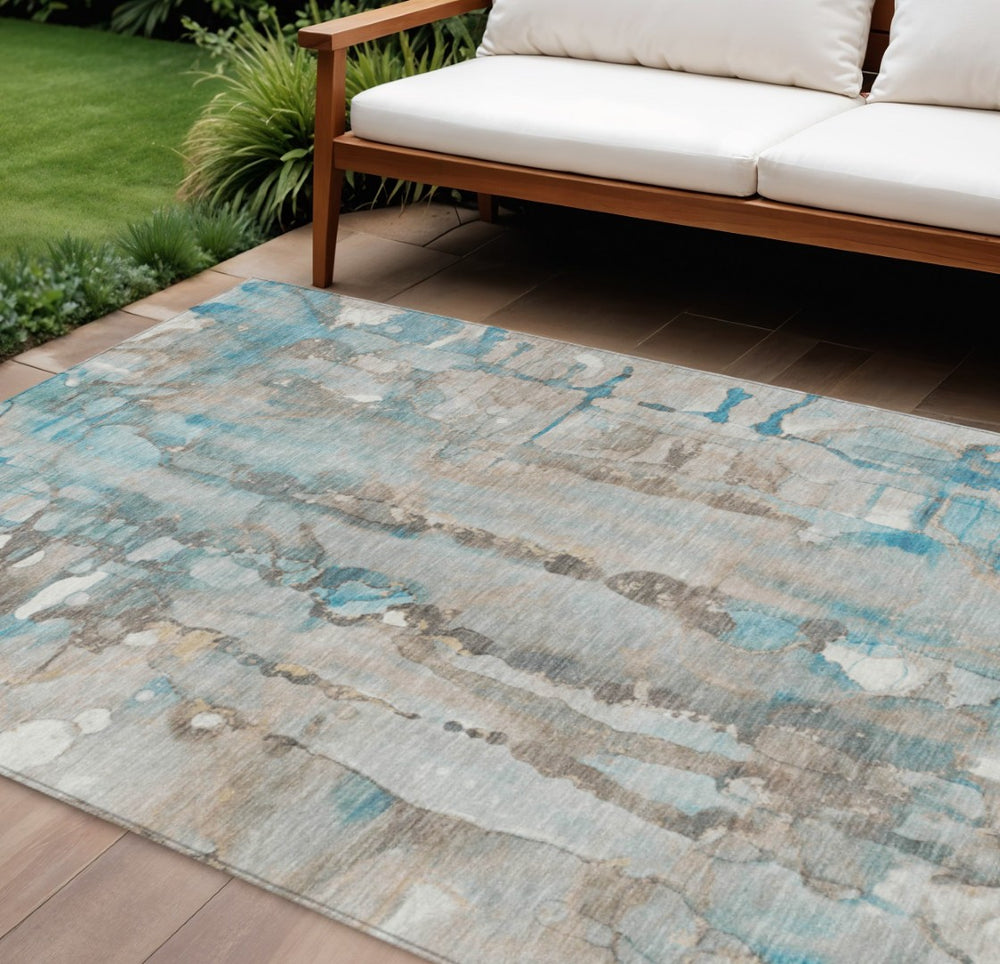HomeRoots 8' Stylish Teal Blue and Ivory Abstract Area Rug – Durable, Washable, Indoor/Outdoor Versatility 8' X 10' 632146