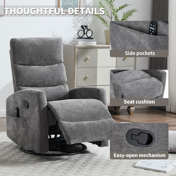 English Elm Heat Massage Rocker Swivel Recliner with 8 Vibrating Nodes Plush Fabric Lounge Chair W3224P322251