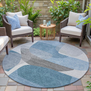 HomeRoots 5' Denim Blue and Gray Abstract Area Rug - Durable, Washable, Indoor/Outdoor Style for Modern Spaces 8' Round 632151