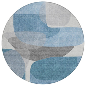 HomeRoots 5' Denim Blue and Gray Abstract Area Rug - Durable, Washable, Indoor/Outdoor Style for Modern Spaces 8' Round 632151