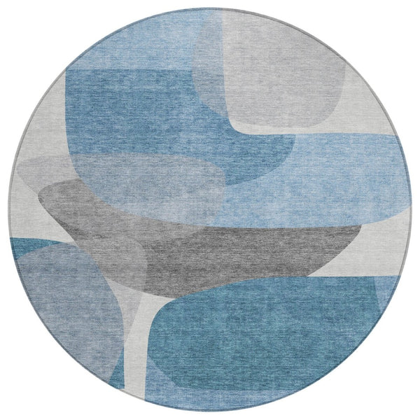 HomeRoots 5' Denim Blue and Gray Abstract Area Rug - Durable, Washable, Indoor/Outdoor Style for Modern Spaces 8' Round 632151