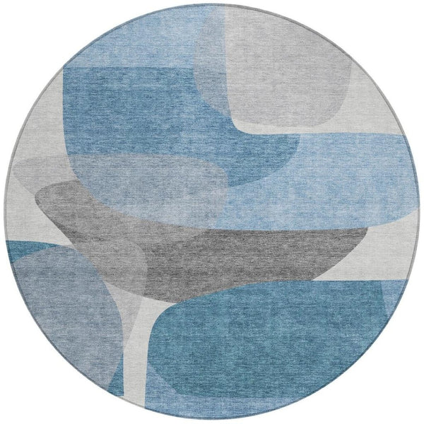 HomeRoots 5' Denim Blue and Gray Abstract Area Rug - Durable, Washable, Indoor/Outdoor Style for Modern Spaces 8' Round 632151