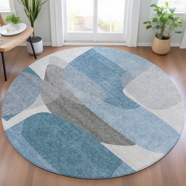 HomeRoots 5' Denim Blue and Gray Abstract Area Rug - Durable, Washable, Indoor/Outdoor Style for Modern Spaces 8' Round 632151