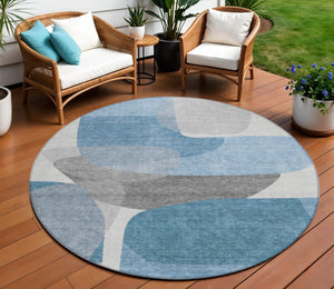 HomeRoots 5' Denim Blue and Gray Abstract Area Rug - Durable, Washable, Indoor/Outdoor Style for Modern Spaces 8' Round 632151