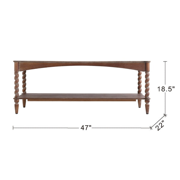 English Elm 47x22x18.5" Rustic Wood Coffee Table with Spiral Turned Legs and Open Storage Shelf W2078P460492