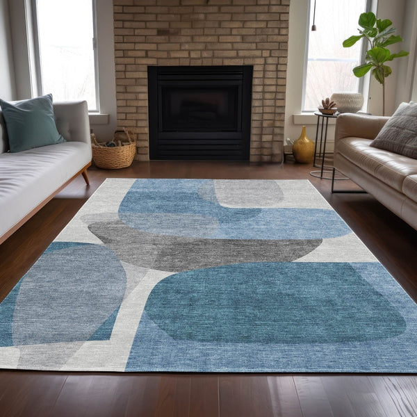 HomeRoots 5' Denim Blue and Gray Abstract Area Rug - Durable, Washable, Indoor/Outdoor Style for Modern Spaces 8' X 10' 632152