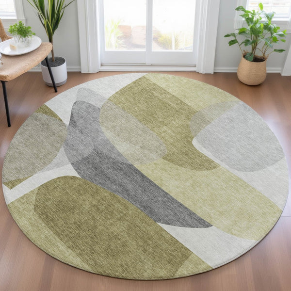 HomeRoots 5' Contemporary Fern Green and Gray Abstract Area Rug - Durable, Washable for Indoor & Outdoor Use 8' Round 632157