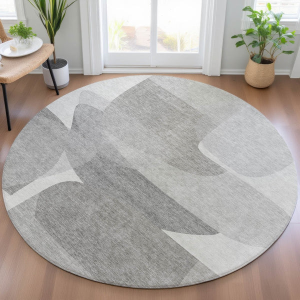 HomeRoots 5' Linen and Gray Abstract Area Rug - Stylish, Durable, Washable Design for Indoor and Outdoor Use 8' Round 632163