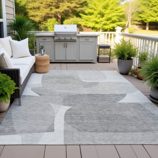 HomeRoots 5' Linen and Gray Abstract Area Rug - Stylish, Durable, Washable Design for Indoor and Outdoor Use 9' X 12' 632165