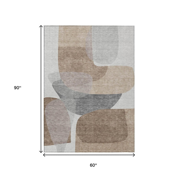 HomeRoots 5' Durable Brown and Gray Abstract Area Rug - Modern, Washable, Indoor/Outdoor, Stain Resistant Design 5' X 8' 632168