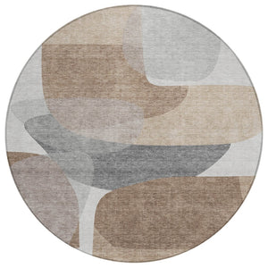 HomeRoots 5' Durable Brown and Gray Abstract Area Rug - Modern, Washable, Indoor/Outdoor, Stain Resistant Design 8' Round 632169