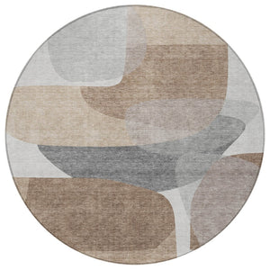 HomeRoots 5' Durable Brown and Gray Abstract Area Rug - Modern, Washable, Indoor/Outdoor, Stain Resistant Design 8' Round 632169