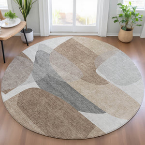 HomeRoots 5' Durable Brown and Gray Abstract Area Rug - Modern, Washable, Indoor/Outdoor, Stain Resistant Design 8' Round 632169