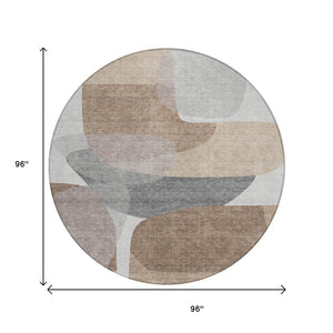 HomeRoots 5' Durable Brown and Gray Abstract Area Rug - Modern, Washable, Indoor/Outdoor, Stain Resistant Design 8' Round 632169