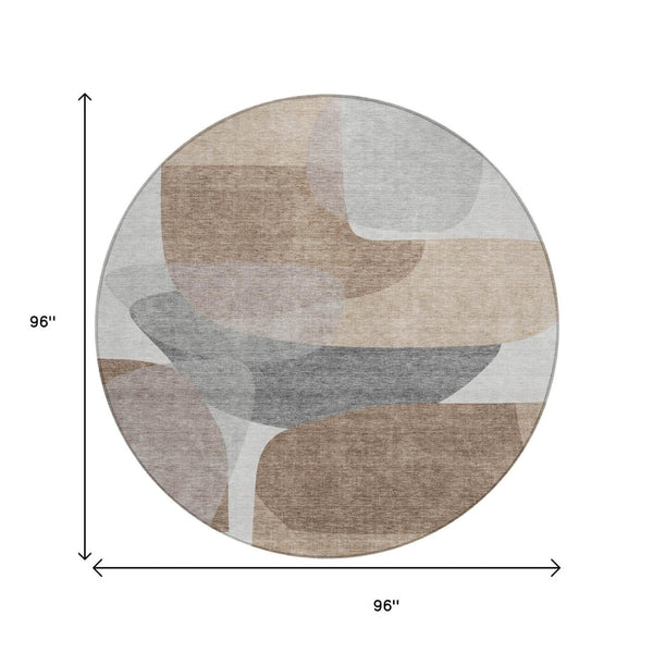 HomeRoots 5' Durable Brown and Gray Abstract Area Rug - Modern, Washable, Indoor/Outdoor, Stain Resistant Design 8' Round 632169