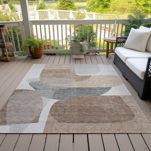 HomeRoots 5' Durable Brown and Gray Abstract Area Rug - Modern, Washable, Indoor/Outdoor, Stain Resistant Design 9' X 12' 632171