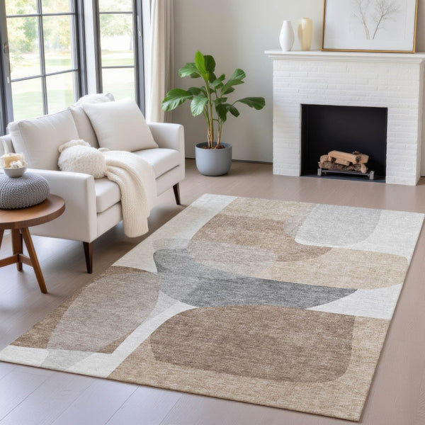 HomeRoots 5' Durable Brown and Gray Abstract Area Rug - Modern, Washable, Indoor/Outdoor, Stain Resistant Design 10' X 14' 632172