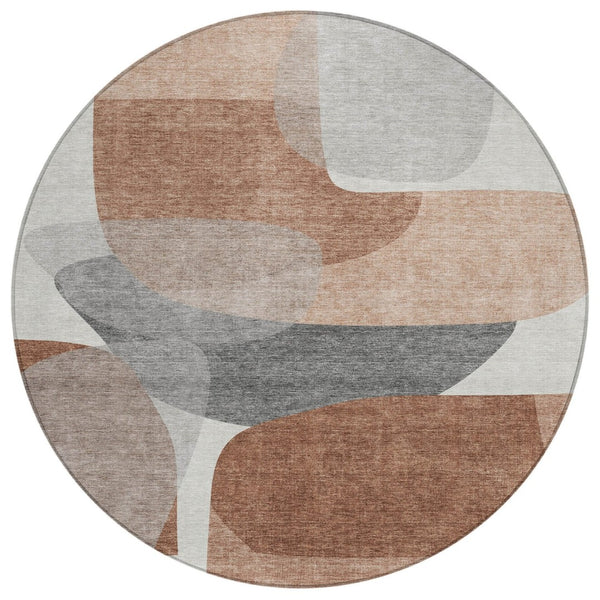 HomeRoots 5' Durable Rust and Gray Abstract Area Rug – Machine Washable for Indoor and Outdoor Spaces 8' Round 632175