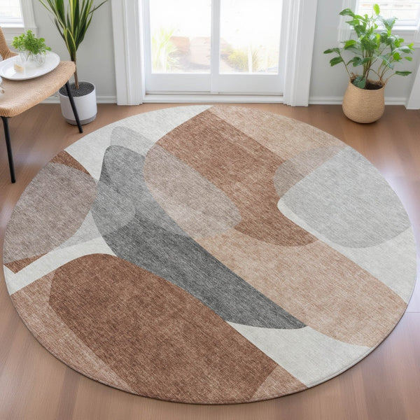 HomeRoots 5' Durable Rust and Gray Abstract Area Rug – Machine Washable for Indoor and Outdoor Spaces 8' Round 632175
