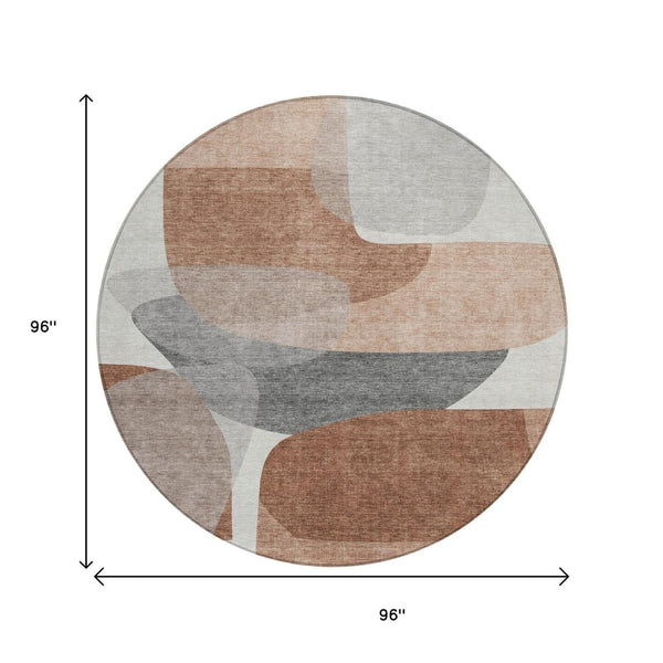 HomeRoots 5' Durable Rust and Gray Abstract Area Rug – Machine Washable for Indoor and Outdoor Spaces 8' Round 632175