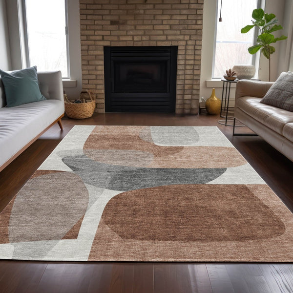 HomeRoots 5' Durable Rust and Gray Abstract Area Rug – Machine Washable for Indoor and Outdoor Spaces 10' X 14' 632178