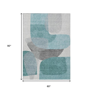 HomeRoots 5' Teal Blue and Gray Abstract Area Rug – Stylish, Washable, Durable for Indoor and Outdoor Use 5' X 8' 632186