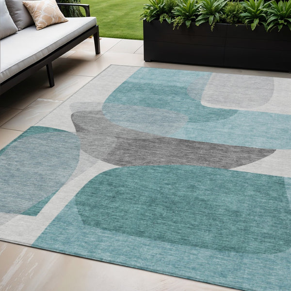 HomeRoots 5' Teal Blue and Gray Abstract Area Rug – Stylish, Washable, Durable for Indoor and Outdoor Use 5' X 8' 632186