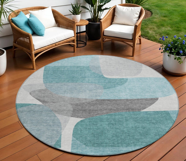 HomeRoots 5' Teal Blue and Gray Abstract Area Rug – Stylish, Washable, Durable for Indoor and Outdoor Use 8' Round 632187