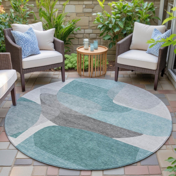 HomeRoots 5' Teal Blue and Gray Abstract Area Rug – Stylish, Washable, Durable for Indoor and Outdoor Use 8' Round 632187