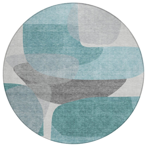 HomeRoots 5' Teal Blue and Gray Abstract Area Rug – Stylish, Washable, Durable for Indoor and Outdoor Use 8' Round 632187
