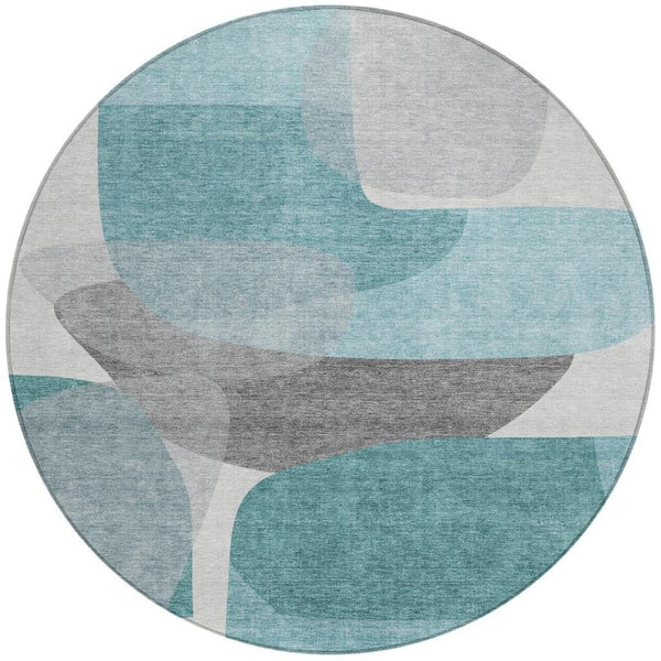 HomeRoots 5' Teal Blue and Gray Abstract Area Rug – Stylish, Washable, Durable for Indoor and Outdoor Use 8' Round 632187