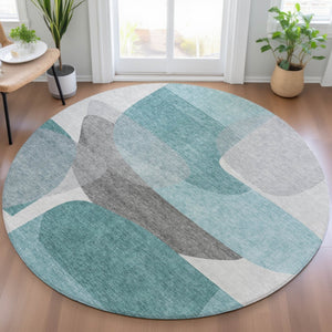 HomeRoots 5' Teal Blue and Gray Abstract Area Rug – Stylish, Washable, Durable for Indoor and Outdoor Use 8' Round 632187