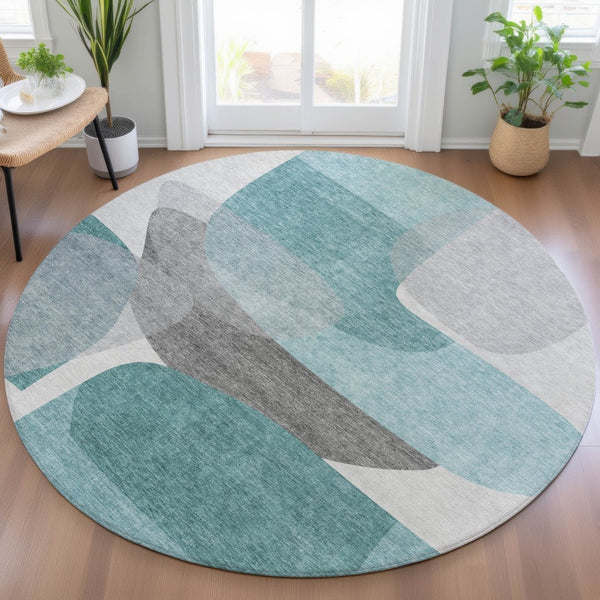 HomeRoots 5' Teal Blue and Gray Abstract Area Rug – Stylish, Washable, Durable for Indoor and Outdoor Use 8' Round 632187