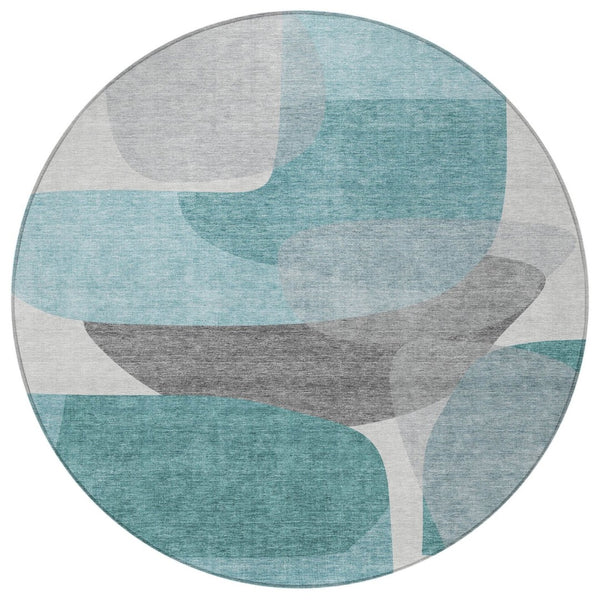 HomeRoots 5' Teal Blue and Gray Abstract Area Rug – Stylish, Washable, Durable for Indoor and Outdoor Use 8' Round 632187