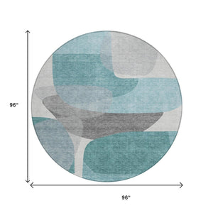 HomeRoots 5' Teal Blue and Gray Abstract Area Rug – Stylish, Washable, Durable for Indoor and Outdoor Use 8' Round 632187