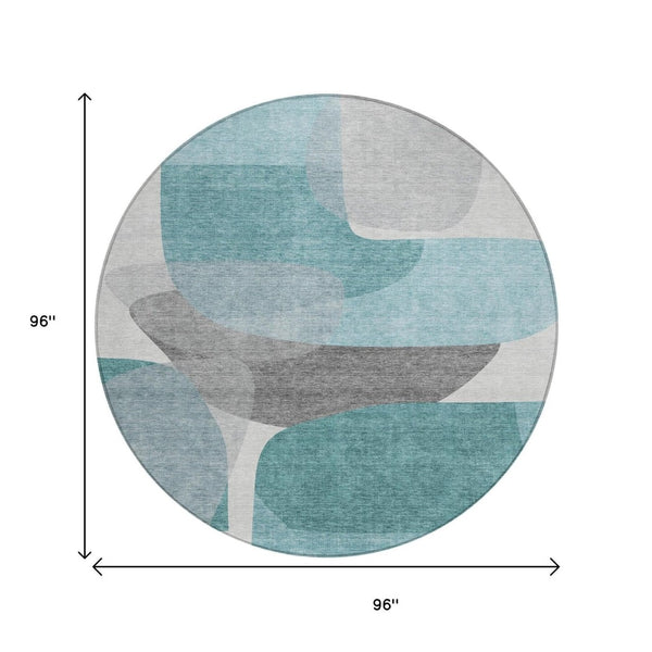 HomeRoots 5' Teal Blue and Gray Abstract Area Rug – Stylish, Washable, Durable for Indoor and Outdoor Use 8' Round 632187