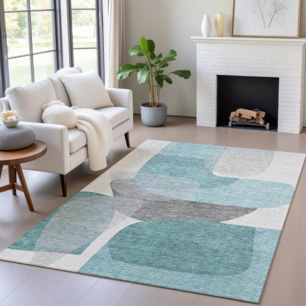 HomeRoots 5' Teal Blue and Gray Abstract Area Rug – Stylish, Washable, Durable for Indoor and Outdoor Use 8' X 10' 632188