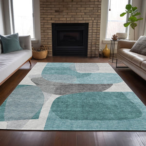 HomeRoots 5' Teal Blue and Gray Abstract Area Rug – Stylish, Washable, Durable for Indoor and Outdoor Use 8' X 10' 632188