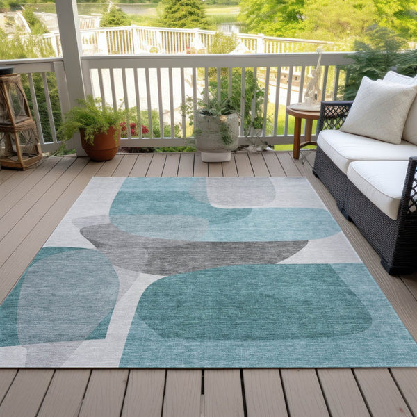 HomeRoots 5' Teal Blue and Gray Abstract Area Rug – Stylish, Washable, Durable for Indoor and Outdoor Use 8' X 10' 632188