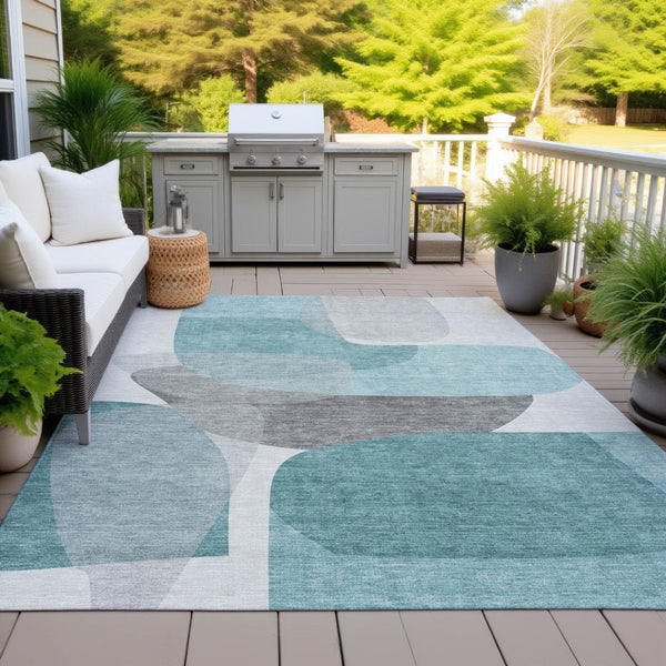 HomeRoots 5' Teal Blue and Gray Abstract Area Rug – Stylish, Washable, Durable for Indoor and Outdoor Use 9' X 12' 632189
