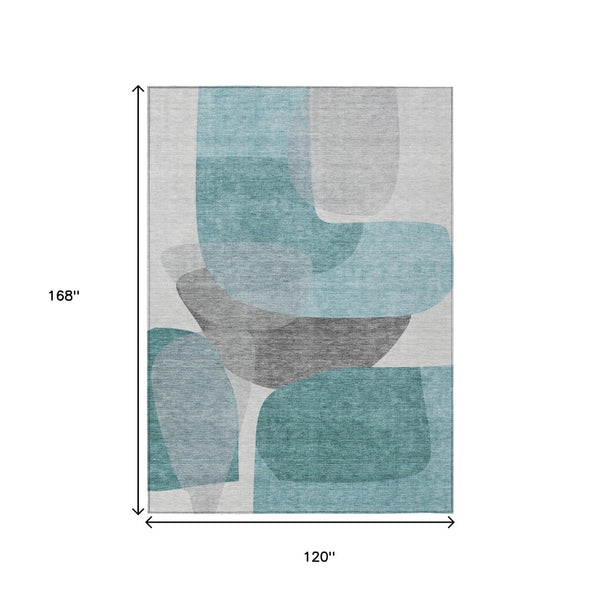 HomeRoots 5' Teal Blue and Gray Abstract Area Rug – Stylish, Washable, Durable for Indoor and Outdoor Use 10' X 14' 632190